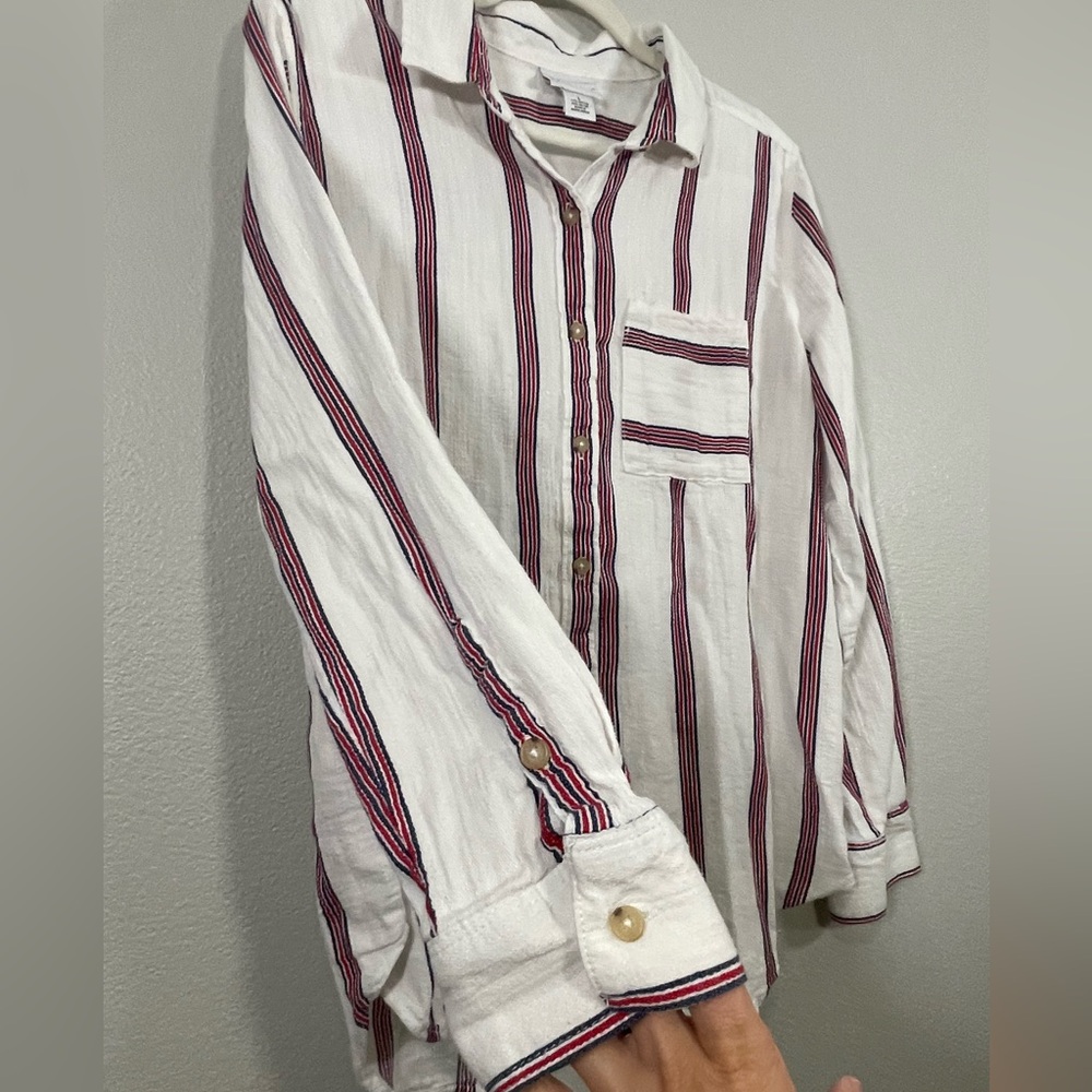 Liz Claiborne Shirt Button Down Long Sleeve Women WhiteRed Striped Lightweight L - Picture 3 of 5